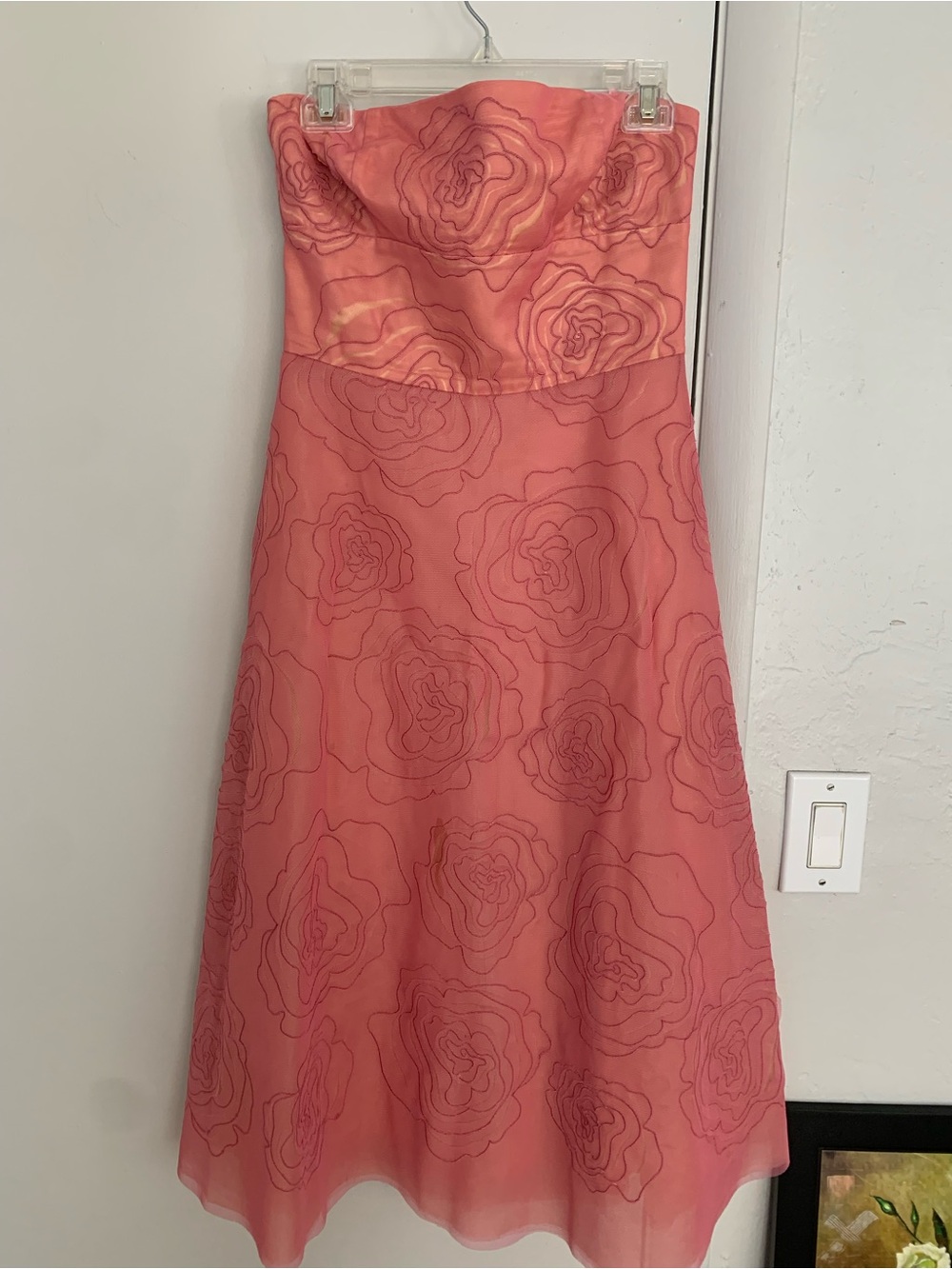 BCBGMaxAzria Strapless Rose-Print Coral Dress